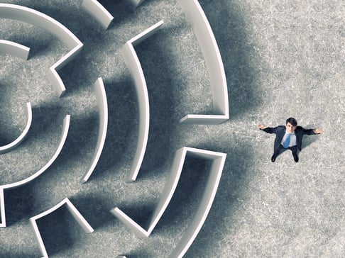 Top view of successful businessman standing near the entrance of labyrinth